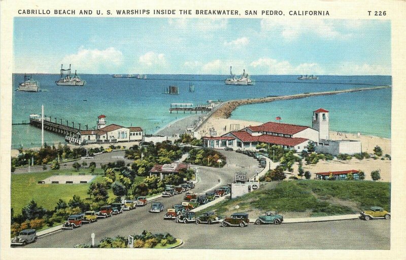 Linen Postcard; Cabrillo Beach and US Warships inside Breakwater, San Pedro CA