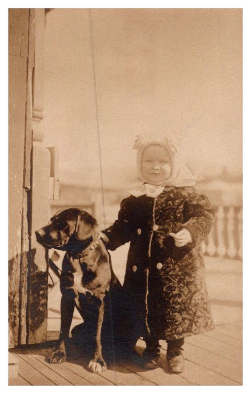 Young Girl in winter coat with Dog ,   RPC