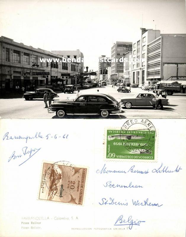 colombia, BARRANQUILLA, Paseo Bolivar, Cars, Taxi (1961) RPPC, Stamps