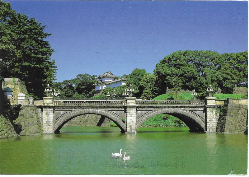 Japan Nijubashi Bridge. Swans.  used with Stamp.