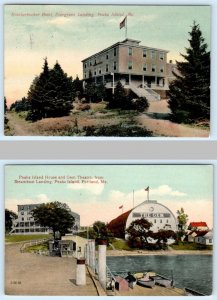 2 Postcards PEAKS ISLAND, Portland ME ~ KNICKERBOCKER HOTEL Gem Theatre, Landing