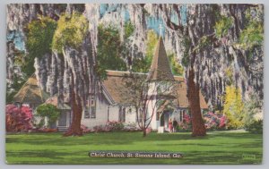 St Simons Island Georgia~Christ Church~Spanish Moss~Linen Vintage Postcard