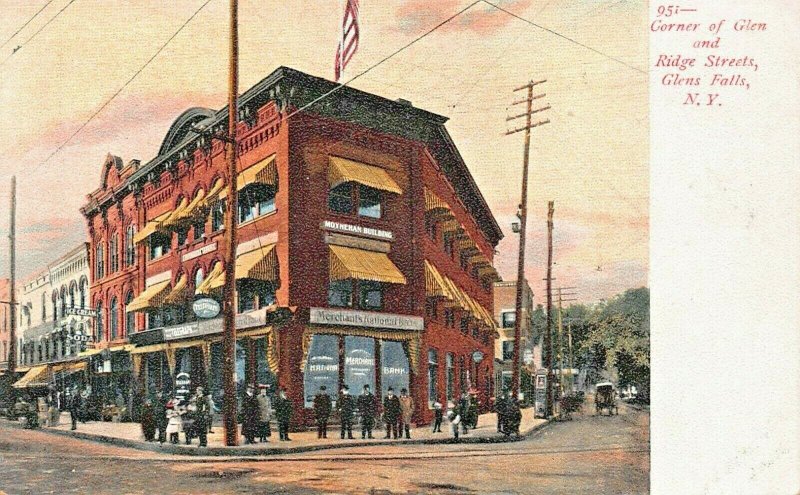 GLEN FALLS NEW YORK~CORNER OF GLEN & RIDGE STREETS-MERCHANTS BANK 1900s POSTCARD