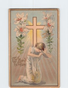 Postcard The Lord is risen with Woman Cross Flowers Embossed Art Print