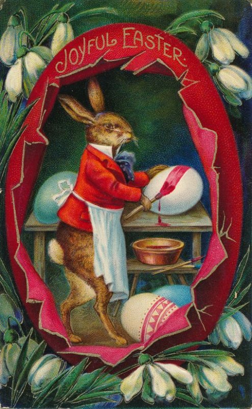 Easter Greetings - Gentleman Dressed Rabbit Painting Eggs - pm 1911 - DB