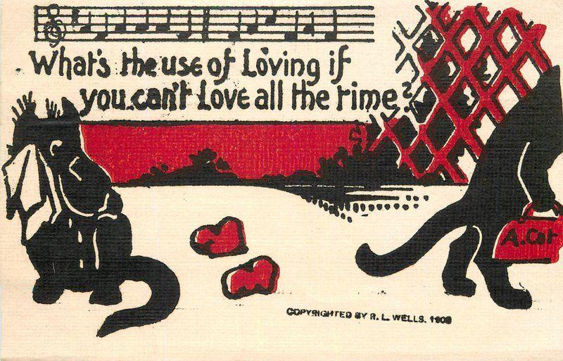 Arts Crafts Black Cat Valentine C-1910  Hearts Love Artist impression 3171