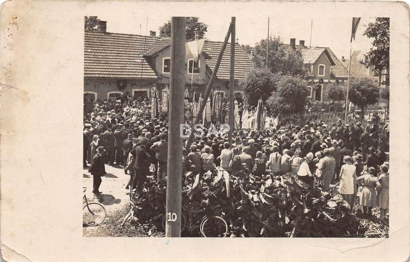 C35/ Interesting Real Photo RPPC Postcard c1910 Church Service Funeral? Bicycle