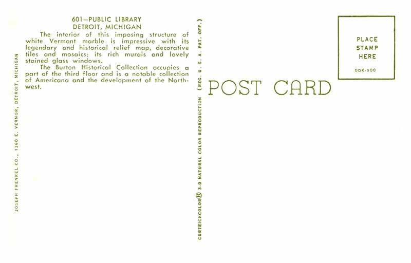 Postcard LIBRARY SCENE Detroit Michigan MI AS2800