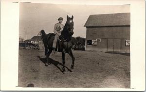 RPPC IL Boy Holding Dog Riding Horse Farm Life Real Photo Postcard 