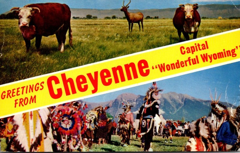 Wyoming Greetings From CHeyenne Showing Indian Scene and Cattle 1962