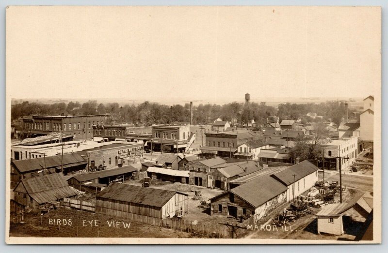 Maroa Illinois~Birdseye Downtown~David Weilepp Hardware~Selz Shoes~c1910 RPPC 