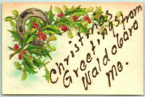 Christmas Greetings From Waldboro Maine Holly Mistletoe Micah UNP DB Postcard I7