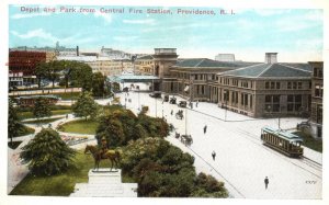 Vintage Postcard 1920's Depot & Park From Central Fire Station Providence R. I.