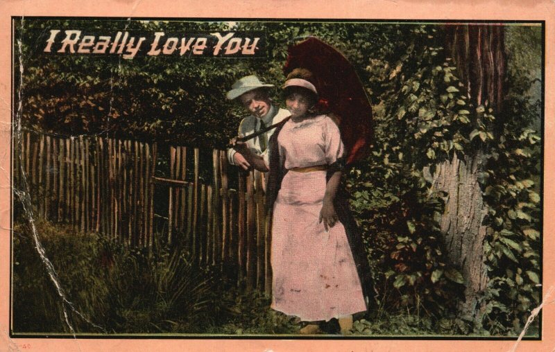 Vintage Postcard 1912 I Really Love You Couple in Love Standing Along Fence