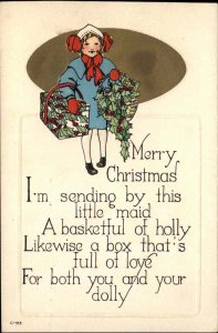 Christmas Little Girl Holly Gifts Poetry Rhyme c1910 Vintage Postcard