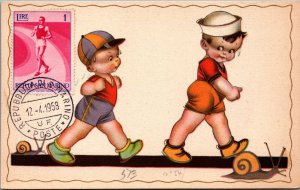 Little Boys And A Snail Vintage Postcard C017