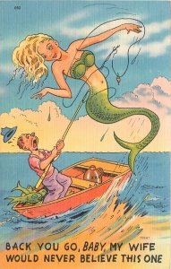 Postcard 1940s Mermaid Fishing Catch Comic humor Tichnor linen TP24-2916