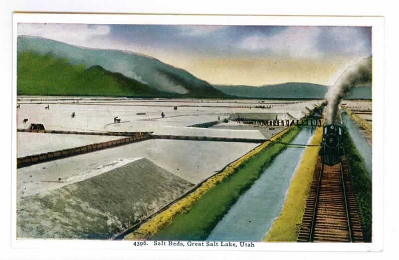 Salt Beds, Great Salt Lake, Utah, unused HHT Postcard;  Train