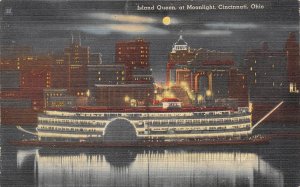 Cincinnati Ohio 1940s Postcard Island Queen Steamboat at Moonlight