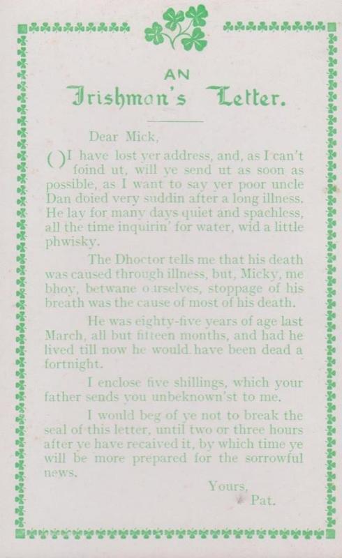 An Irishmans Letter Five Shillings Money Comic Songcard Antique Poem Postcard