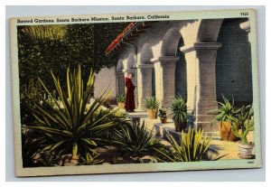 Vintage 1940's Postcard Monk in Sacred Gardens Santa Barbara Mission California