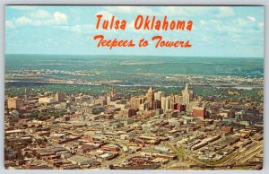 1950's TULSA OKLAHOMA TEEPEES TO TOWERS AERIAL BIRDS-EYE VIEW OF CITY POSTCARD