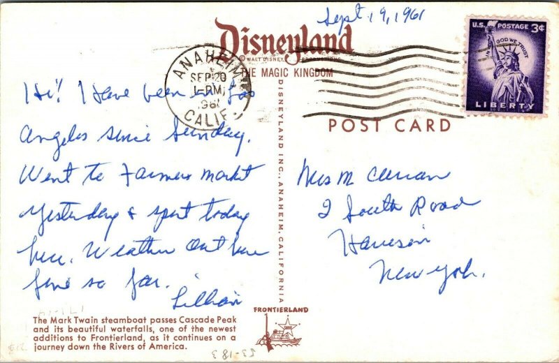 1961 Disneyland Mark Twain Steamboat Cascade Peak Waterfall Anaheim CA Postcard