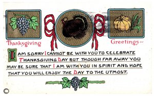 1911 Thanksgiving Greetings Turkey Pumpkin Grapes Vintage Embossed Postcard PM