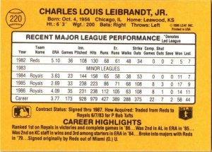 1986 Donruss Baseball Card Charlie Leibrandt Kansas City Royals sk12371