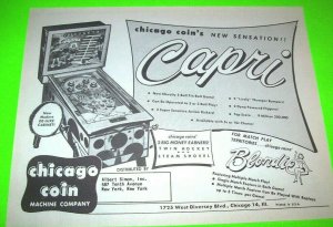 Chicago Coin Capri Pinball FLYER Original NOS 1956 Game Artwork Paper Ephemera