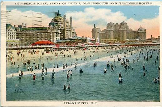 NJ - Atlantic City, Beach Scene, Dennis, Marlborough & Traymore Hotels