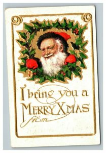 Vintage 1910's Christmas Postcard Santa Claus Wreath of Mistletoe Gold Lettering