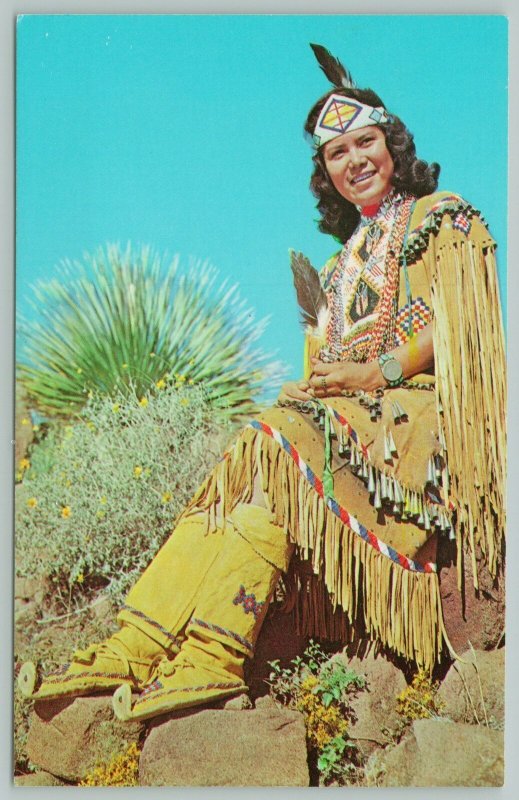 Native Americana~Indian~Maiden Sitting On Rocks~Standard Chrome Postcard