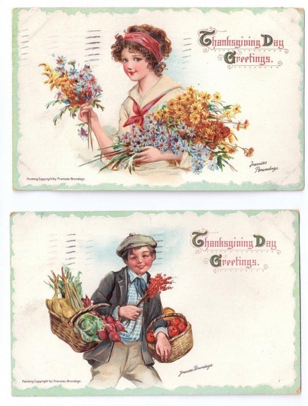 Brundage Thanksgiving Pretty Girl Flowers Boy Baskets Food Embossed Set of 2