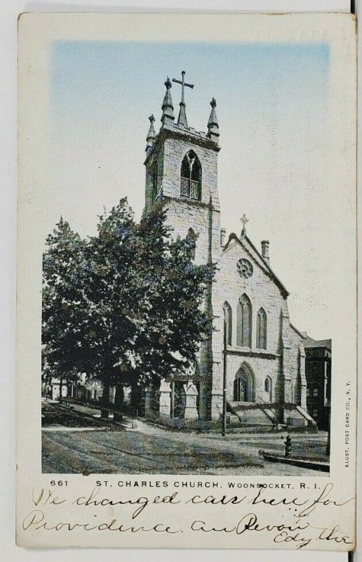 Woonsocket Rhode Island St. Charles Church Glitter Decorated 1906 Postcard D12