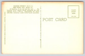 Niles Illinois~Leaning Tower Replica~YMCA Recreation Bldg~Cars~1950s Postcard