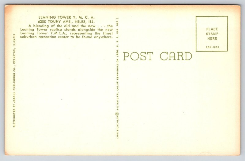 Niles Illinois~Leaning Tower Replica~YMCA Recreation Bldg~Cars~1950s Postcard