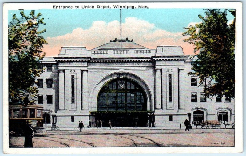 WINNIPEG, MANITOBA, Canada   Entrance to UNION DEPOT Railroad Station   Postcard