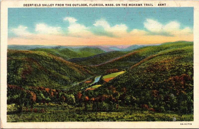 Deerfield Valley Outlook Florida Massachusetts Mohawk Trail Linen Postcard VTG 