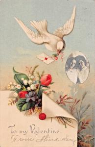 TO MY VALENTINE-WHITE DOVE CARRIES LETTER-2 GIRLS REAL PHOTO PASTED ON POSTCARD