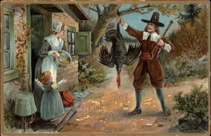 Tuck Thanksgiving Pilgrim Brings Dead Turkey to Family c1910 Postcard