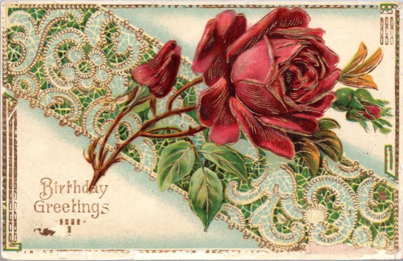 Postcard Birthday Greetings - Gilded rose J & B Co.