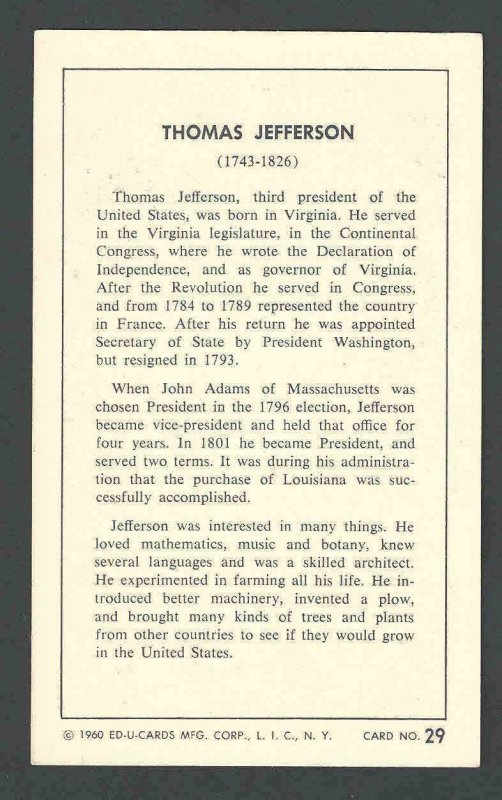 1960 Thomas Jefferson W/Data On Back Mint See Info