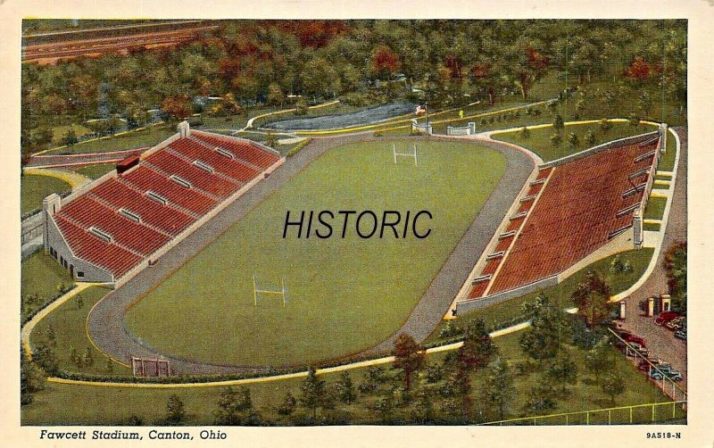 CANTON OH~FAWCETT FOOTBALL STADIUM-HOME NFL HALL OF FAME GAME~1951 PMK POSTCARD