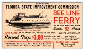 BEE LINE FERRY Schedule to ST. PETERSBURG to PINEY POINT c1940s Advertising