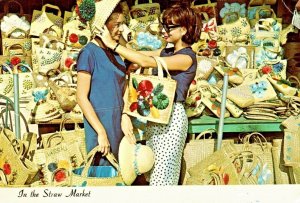 Vintage Postcard Straw Market Bahama Islands Nassau Plastichrome