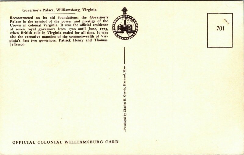 Governors Palace Williamsburg Virginia VA VTG Postcard UNP Colonial Williamsburg 