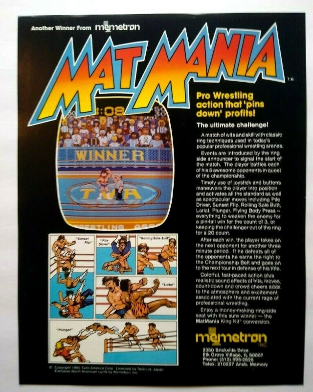 Mat Mania Memetron Arcade FLYER Original Video Game Wrestling Vintage Retro 1985