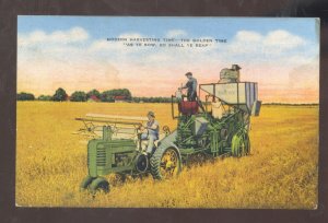 VINTAGE JOHN DEERE TRACTOR COMBINE FARM FARMING IN FIELD VINTAGE POSTCARD