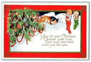 1939 Christmas Tree Little Girls Sleeping Toys In Stockings Cicero IN Postcard